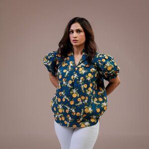 Short Sleeve V-neck Puff Sleeve Top Orange Print Navy